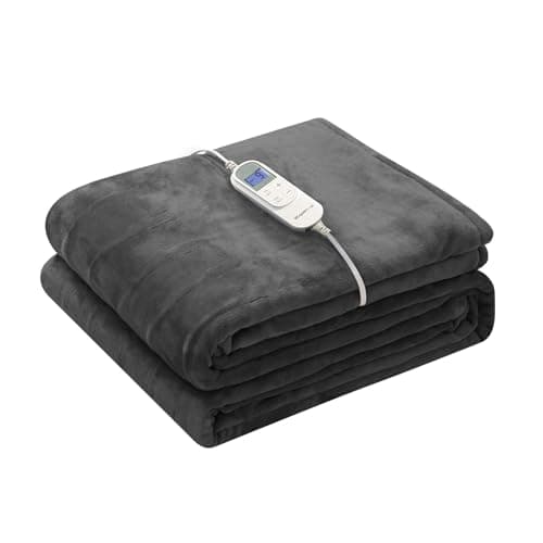 Wapaneus Foot Pocket Heated Blanket Electric Throw with 10 Heating Levels and Auto Shut Off, Flannel Fast-Heating Heated Throw 50" x 60", Machine Washable, Dark Grey