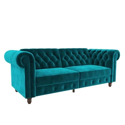 DHP Felix 90 Inch Futon Sofa Bed in Velvet Fabric, Upholstered Chesterfield Couch Sleeper with Tufted Back, Baroque Legs and Rolled Arms, Green