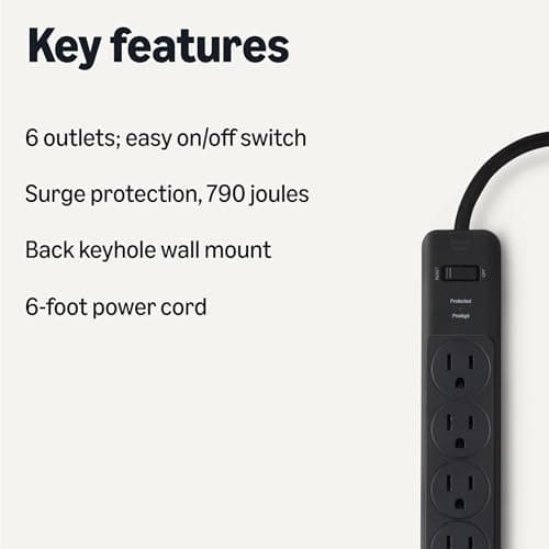 Amazon Basics Surge Protector Power Strip, 6-Outlet, 790 Joules, 6ft Extension Cord, Black, LED Indicator 2