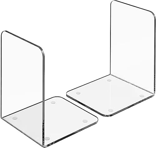 MaxGear Acrylic Bookends - Clear, Non-Skid, Heavy Duty Book Holders for Shelves, Decorative Book Stoppers (1 Pair/2 Pieces, Large)