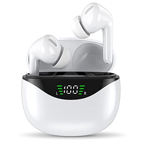 FEANS True Wireless Earbuds, Bluetooth 5.3 Noise Cancelling Headphones with Microphone, Waterproof Stereo Earphones Touch Control Headset with Deep Bass for iPhone/Android (Ivory)