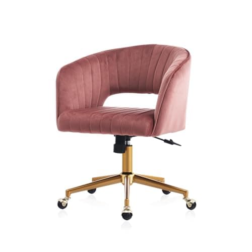 FENFSHE Vanity Chair with Back 360 Swivel Armchair and Gold Base, Criss Cross Chair with Wheels for Vanity Home Office, Living Room, Bedroom and Study (Pink)