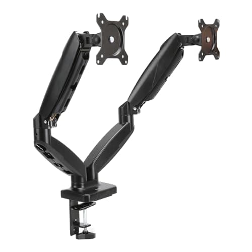 Amazon Basics Gas Spring Dual Computer Monitor Arm Desk Mount, Adjustable, Holds up to 27" Monitors, Black