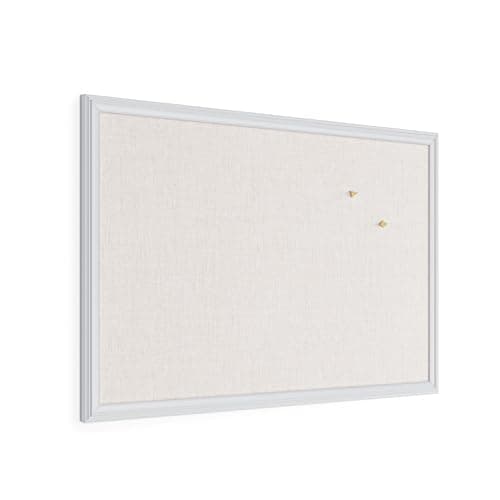 U Brands Farmhouse Linen Bulletin Board, 30" x 20", White Wood Frame, Wall Mounted Pin Board for Home Office, Classroom & Kitchen, Includes Push Pins