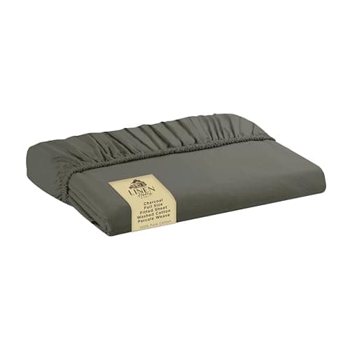 Linen Home Washed Cotton Percale Fitted Sheet Full Size, Charcoal, 1 Deep Pocket Fitted Sheet, Soft and Cool Strong Bed Linen, 54"X76"+14"