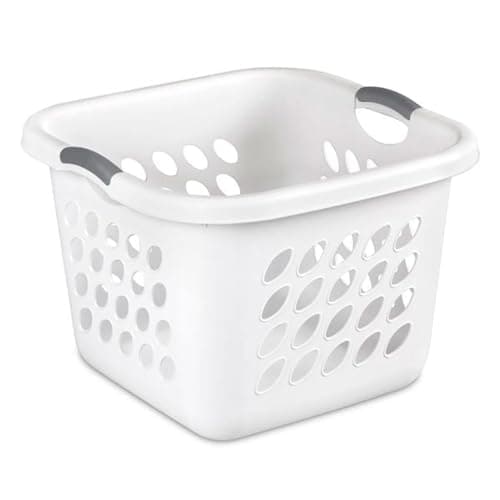 Square Laundry Hamper Clothes Storage Basket with Holes 53L White with Grey Handles Utility Room Garage Closet Made in US (1)