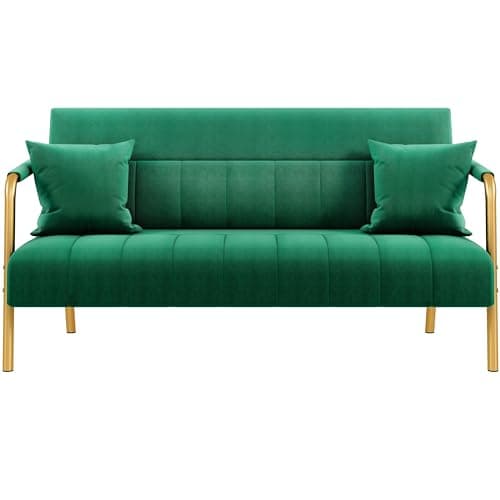 Yaheetech 56.5" W Modern Sofa Small Sofa Luxurious Velvet Fabric Couch with Gold-Tone Metal Arms and Legs for Living Room, Home Office, Studio Green