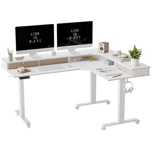 FEZIBO Triple Motor 63" L Shaped Standing Desk with 3 Drawers, Electric Standing Gaming Desk Adjustable Height, Corner Stand up Desk with Splice Board, White Frame/White Top