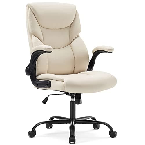 DUMOS Office Chair - Ergonomic Executive Computer Desk Chairs with Adjustable Flip-up Armrest, Swivel Task Chair with Lumbar Support, Strong Metal Base, PU Leather, Cream White