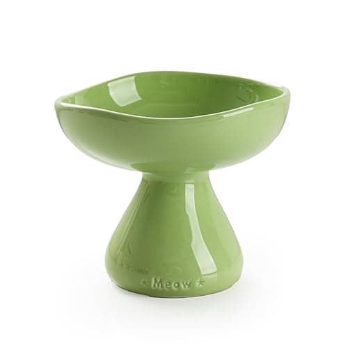 Mikigey Ceramic Raised Cat Food Bowl for Indoor Cat, Elevated & Whisker Fatigue Cat Food and Water Bowls, Stress Free, Anti Vomiting, Cute Mushroom Cat Dish for Cats and Kitten, Green