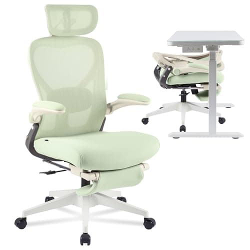 FLEXISPOT Foldex Ergonomic Office Chair, Folding Chair for Small Spaces with Lumbar Support, Flip-up Armrests, 3D Headrest, Desk Chairs with Footrest for Work,Video Game (Foam Seat, Green)