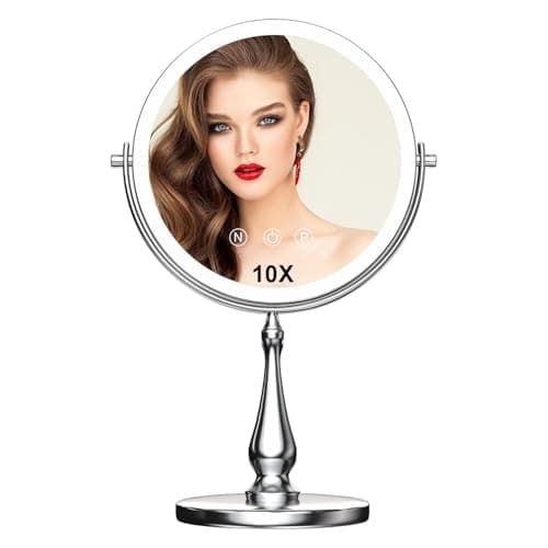 WIZCHARK 9" Large Lighted Makeup Mirror, 1X/10X Magnifying Vanity Mirror with 3 Colors Dimmable Lightning, 80 LED Lights, 360°Rotation Double Sided Standing Desk Mirror