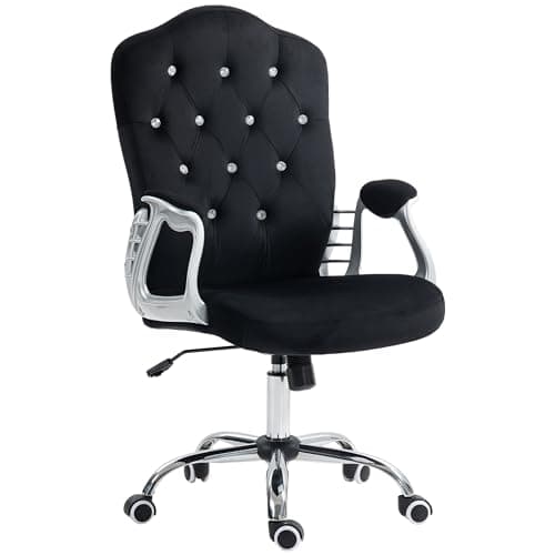 Vinsetto Home Office Chair, Velvet Computer Chair, Button Tufted Desk Chair with Swivel Wheels, Adjustable Height, and Tilt Function, Black