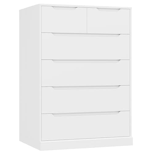 HOSTACK Modern 6 Drawer Dresser for Bedroom, Tall Chest of Drawers with Storage, Large Wood Storage Chest Organizer with Cut-Out Handle, Accent Storage Cabinet for Living Room, Entryway, Classic White