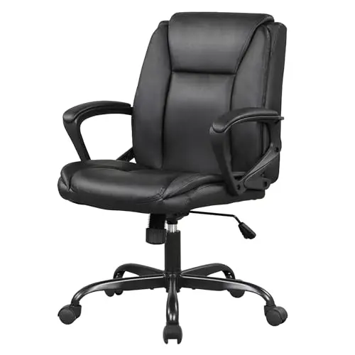 PayLessHere PU Leather Task Chair Home Office Chair Ergonomic Desk Chair with Lumbar Support and Armrests Adjustable Features with Mid Back Swivel Executive Computer Chair (Black)