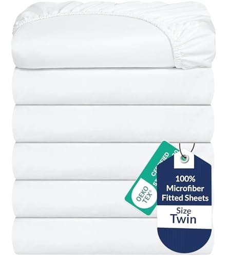 Royale Linens 6 Pack Twin Fitted Sheet Set - Bottom Sheet - Ultra Soft & Breathable - Brushed 1800 Microfiber - Wrinkle & Stain Resistant - Hotel Quality Deep Pocket Stretches Up to 16" (Twin, White)