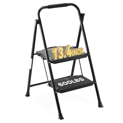 600lbs 2 Step Ladder,Folding Step Stool with Wide Anti-Slip Pedal, Heavy Duty Sturdy Steel Ladder with Handgrip,Portable Steel Step Stool for Home Kitchen Library Office (Matte Black)