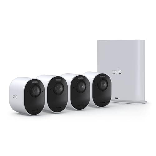 Arlo Ultra Security Outdoor Camera 4K HDR (3rd Gen, 2025 Release) + SmartHub, Battery Power, Emergency Response, AI Event Captions, 1-Month Trial of Secure Plan, 180° Field of View, 4 Cam, White