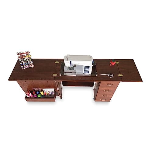 Arrow Classic Sewing Furniture Harriet Full-Size Sewing Cabinet with Hydraulic Machine Lift, Drawers, Expandable Leaves, Locking Wheels - Teak 5