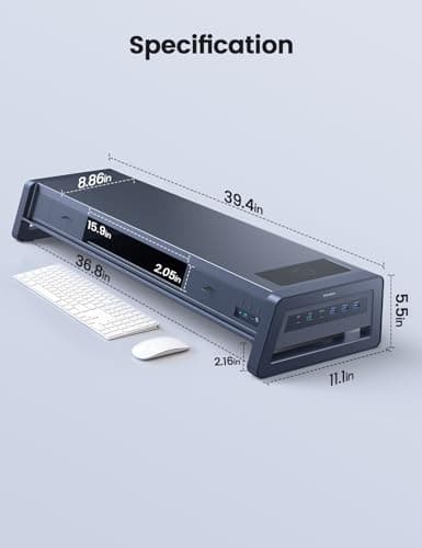 Vaydeer All-in-One Dual Monitor Stand Riser with 2 Drawers, 8USB Ports and Wireless Charging Pad with LED Light Strip for 2 Monitors , Desk Organizer for PC, iMac (Metal, 39.3 inches) 8