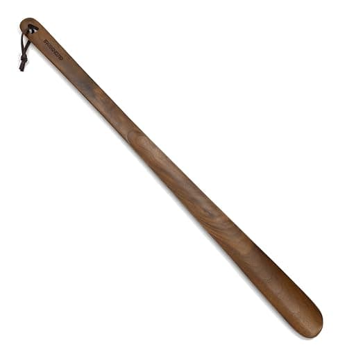 Brosisincorp Wooden Shoe Horn Long Handle For Seniors 23.6" Easy Wear Helper Shoehorns Women Kids Baby Elderly Hanging Rings Black Walnut Wood
