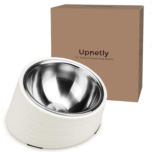 Uppetly Slanted Small Cat Food Bowl 0.5 Cup, 15° Tilted Stainless Steel Mini Dog Puppy Food Bowl, Non-Slip & Non-Spill Small Kitten Pet Feeder with Elevated Detachable Melamine Stand, Easy to Get Food