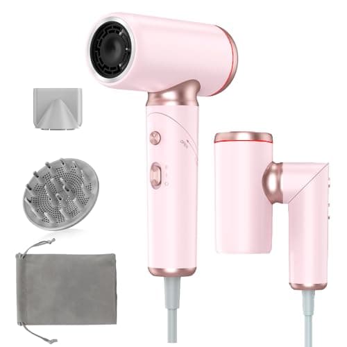 Travel Hair Dryer Dual Voltage for Europe Foldable, High Speed Ionic Blow Dryer Fast Drying,100-240V Portable Dryers with Magnetic Nozzles,1300W, Pink