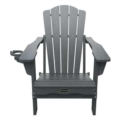 THOEOE Folding Adirondack Chair,HDPE All-Weather Outdoor Chair with Cup Holder,Wooden Textured,Fire Pit Chair,Plastic Patio Chair for Deck,Backyard,Garden,Lawn(Grey) 8