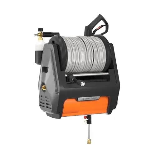 Giraffe Tools Grandfalls Retractable Pressure Washer Pro, Wall Mount Pressure Washer, Electric Power Washer, Automatic Rewind, 2900PSI, 80ft Pressure Hoses, Dark Silver Case