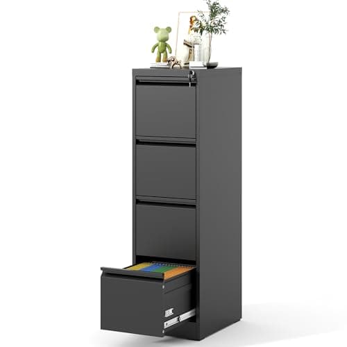 VIYET File Cabinet 4 Drawer with Lock, Vertical Filing Cabinets for Home Office, Metal Steel Storage Cabinet for Letter/Legal Size File, Assembly Required(Black)