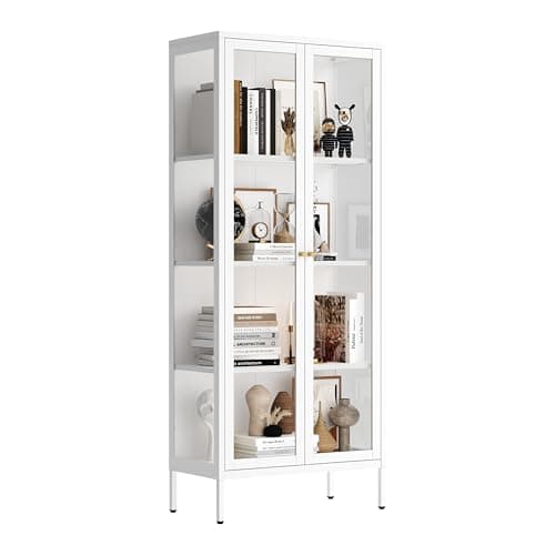UNICOLY Display Cabinet with Glass Doors, Glass Display Cabinet 4-Tier, Metal Curio Display Cabinet with Tempered Glass Doors for Living Room, Plant, Display Shelf, Assembly Required, White 9