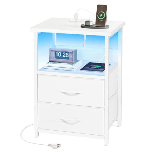 Fixwal Night Stand with Charging Station, LED Nightstand with U-S-B Ports and Outlets, 2 Fabric Storage Drawers with PU Finish, Bed Side Table, White