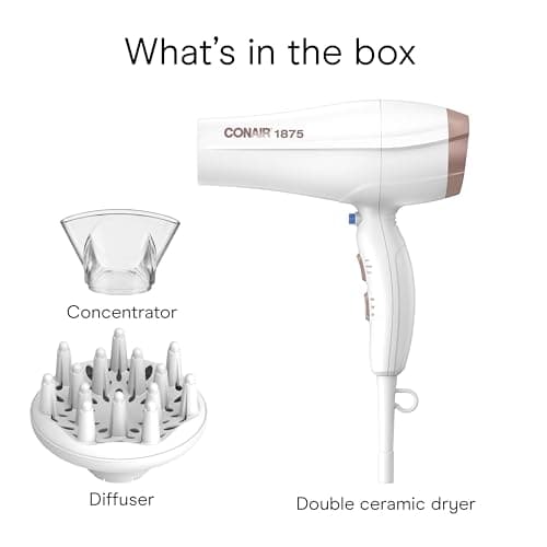 Conair Double Ceramic Hair Dryer, 1875W Blow Dryer with Diffuser and Concentrator, Ionic Conditioning, 3 Heat & 2 Speed Settings, Amazon Exclusive, White 10