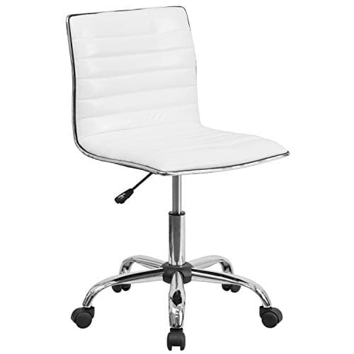 Flash Furniture Alan Low-Back Ribbed Upholstered Vinyl Swivel Desk Chair with Padded Seat, Modern Adjustable Height Padded Office Chair, White