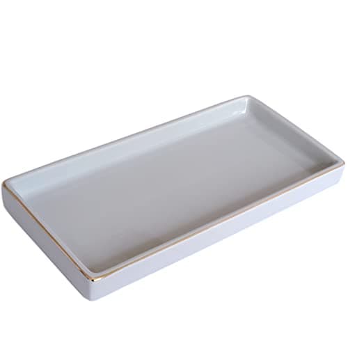 10 x 5 Ceramic Bathroom Tray for Countertop, Decorative Vanity Tray for Dresser Tops, Small Rectangular Trays for Perfume, Candle, Jewelry, Cosmetics (Gray)