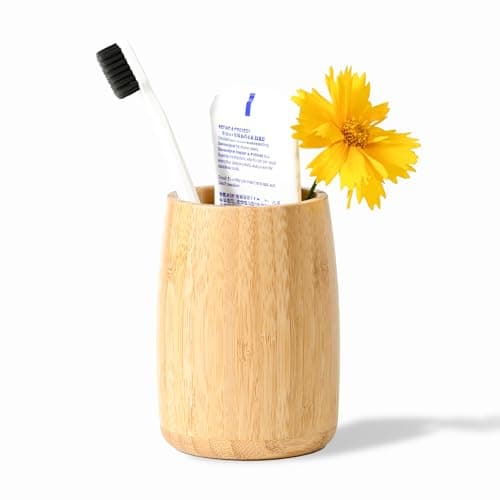 ABBI NIMO Natural Bamboo Toothbrush Holder, Simple Minimal Cylindrical Tumbler for Bathroom Countertop, Unbreakable Makeup Brush or Pen Organizer, Desktop Accessory