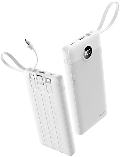 Coowisty Portable Power Bank, 10000mAh Slim Portable Charger with Built-in Cables, External Battery Pack 5 Outputs 2 Inputs LED Display Compatible with iPhone/Android & More (White)
