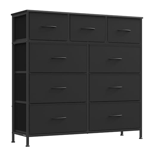 SONGMICS Dresser for Bedroom, Chest of Drawers, Steel, MDF, 9 Non-Woven Fabric Drawers, Storage Organizer Unit, Closet, Entryway, Ink Black and Ebony Black LGS324B01S