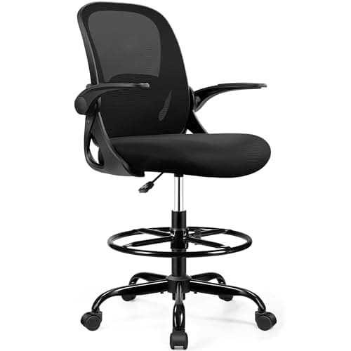 Drafting Chair Tall Office Chair with Flip-up Armrests, Adjustable Height, and Enhanced Lumbar Support - Ergonomic Rolling Stool, Back Support, and Adjustable Foot Rest Ring for Standing Desk Black 8