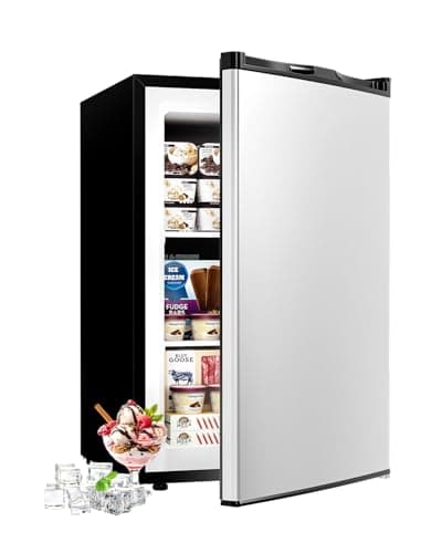 Feelfunn 3.0 Cu.ft Upright freezer - Compact Mini Freezer with 7 Adjustable Thermostat, Removable Shelves, Reversible Single Door, 360°Uniform Cooling Small freezer for Home Office Dorm, Silver