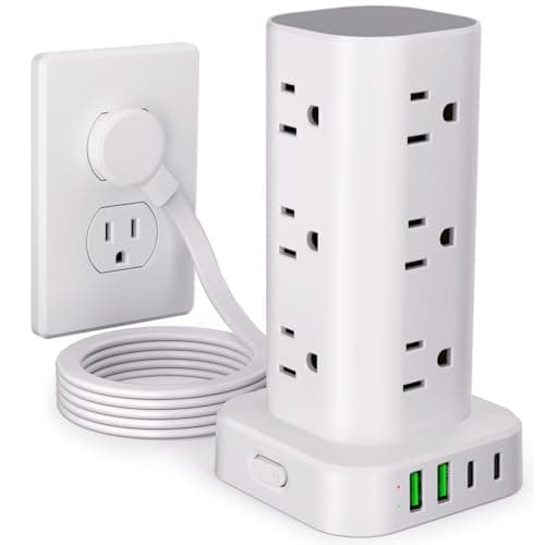 Power Strip Tower with Multiple Outlets, Flat Plug Surge Protector Tower Extension Cord with 12 AC Outlets 4 USB Ports (2 USB C), 6FT Cord Power Tower Surge Protector for Home Office Dorm Room, White
