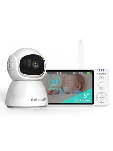 Anicebb 5" HD Video Baby Monitor with Camera and Audio, No WiFi Hack-Proof Security, Remote Pan-Tilt-Zoom, 100-Hour Battery Life in VOX Mode, 1000ft Range, Night Vision, Temperature & Cry Alerts