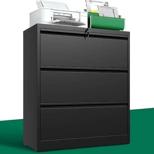 Yukimo 3 Drawer Lateral File Cabinet, Metal File Cabinets for Home Office with Lock, Large Filing Storage Cabinet Printer Stand, Steel Wide File Cabinet for Legal/A4/F4/Letter,Require Assembly,Black