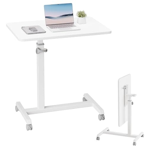 GTPLAYER Small Standing Desk, 24 Inches Mobile Foldable Rolling Laptop PC Table with Lockable Casters, Adjustable Height Overbed Bedside Table Computer Workstation for Home Office, White