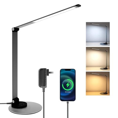 HUMIIEYE LED Desk Lamp for Home Office, Foldable Desk Light USB Charging Port Touch Control, 3 Color Temp, 6 Brightness, Metal Table Lamp Eye-Caring Reading Lamp for Desktop Study Work College Dorm