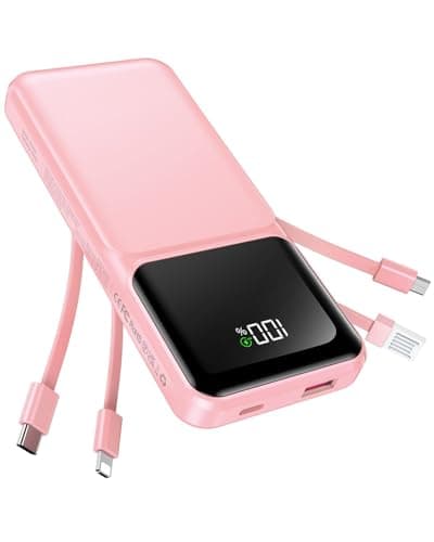 RONEGN Portable Charger with Built in Cable -20000mAh Fast Charging Power Bank USB C Slim 22.5W LED Display Battery Pack 5 Outputs & 3 Inputs for Travel Essentials iPhone Samsung Phones Pink