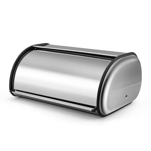 Flexzion Stainless Steel Bread Box For Kitchen Countertop (13 inch) Metal Roll Up Top Lid Storage Container Bin Keeper for Cake Buns Toasts Loaves Pastries Pancakes, Ideal for Restaurant Home Kitchen