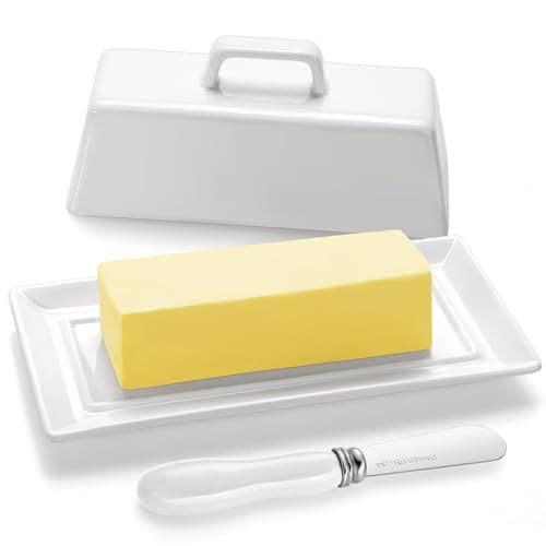 Yedio Porcelain Butter Dish with Lid and Knife for Countertop Refrigerator，White Ceramic Covered Butter Holder with Handle for East West Coast Butter Stick, Dishwasher Safe