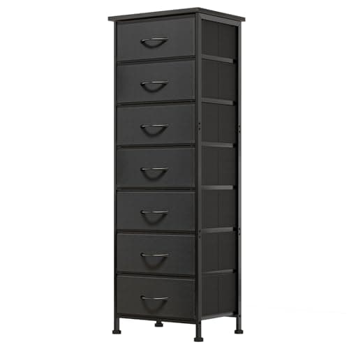 Fixwal Black Tall Skinny Dresser for Bedroom, Narrow Storage Dresser Organizer with 7 Fabric Drawers, Nightstand Furniture in Closet, Entryway, Hallway