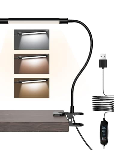 JHD LED Desk Lamp with Clamp - Adjustable 3 Color Modes 10 Brightness Level Table Lamp, USB Eye Caring Flexible Gooseneck Desk Light for Home Office, Dorm Room, Reading, Nail, Clip On Light, Black